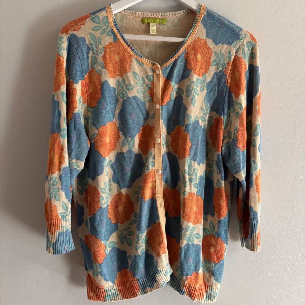 Sigrid Olsen Button Up Cardigan Sweater Women 1x Silk Blend Floral Quiet Luxury - Picture 2 of 10